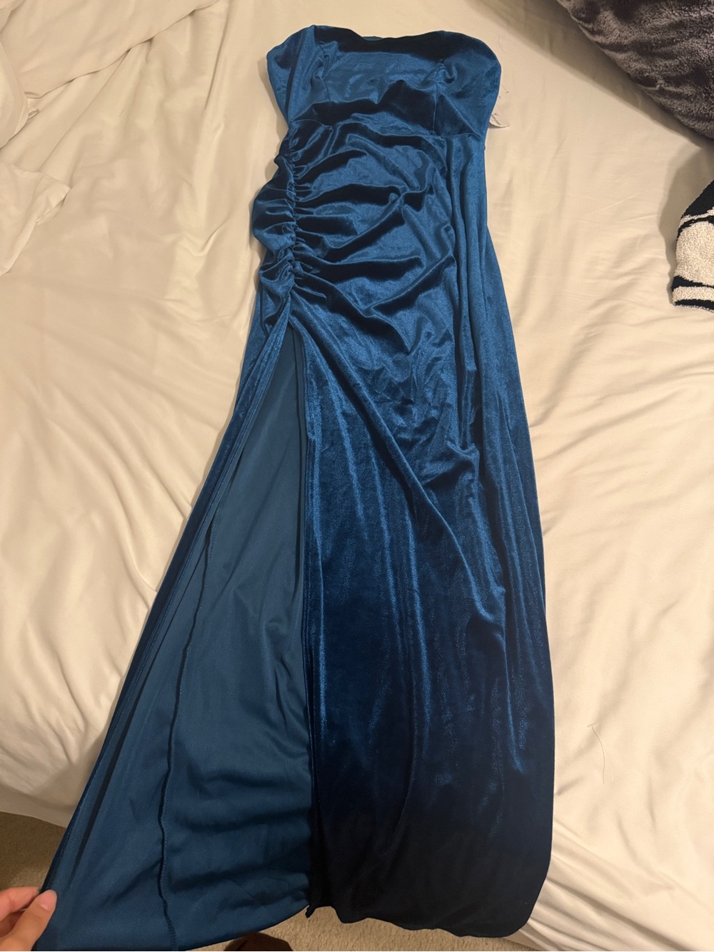 Windsor Teal Blue Strapless Ruched Satin Gown